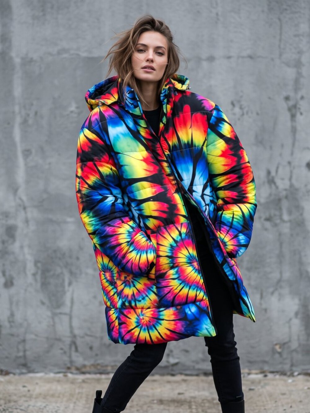 Tie Dye Loud Knee Puffer Jacket Hooded Coat 2xl-4XL